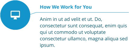 How We Work for You  Anim in ut ad velit et ut. Do, consectetur sunt consequat, enim quis qui ut commodo ut voluptate consectetur ullamco, magna aliqua sed ipsum.